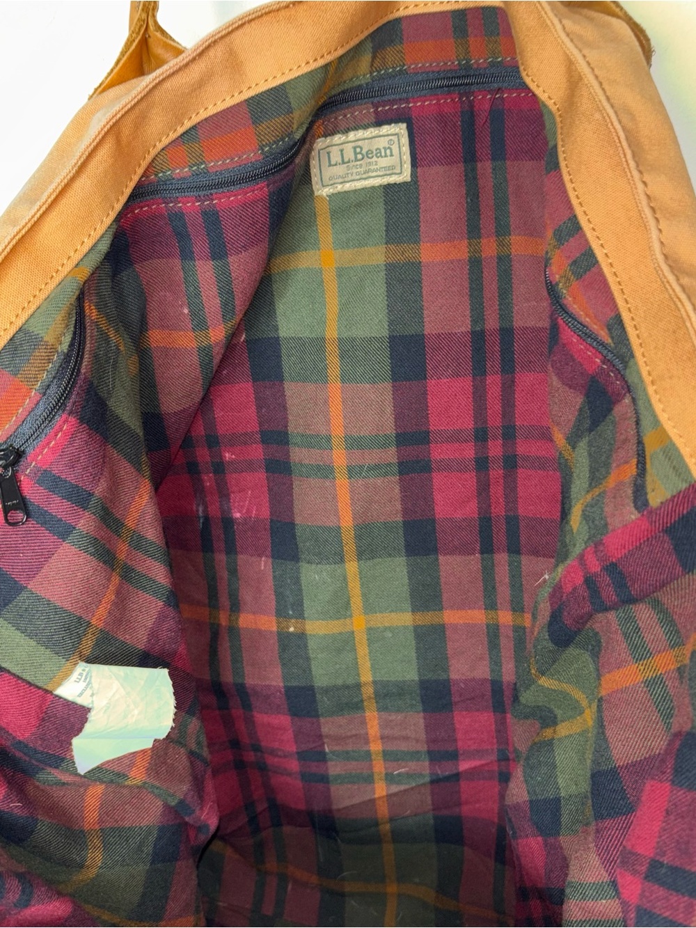 LL Bean Leather Handles Tote Bag Canvas Plaid Lined Brown Green Boat Vintage 90s - Picture 7 of 12